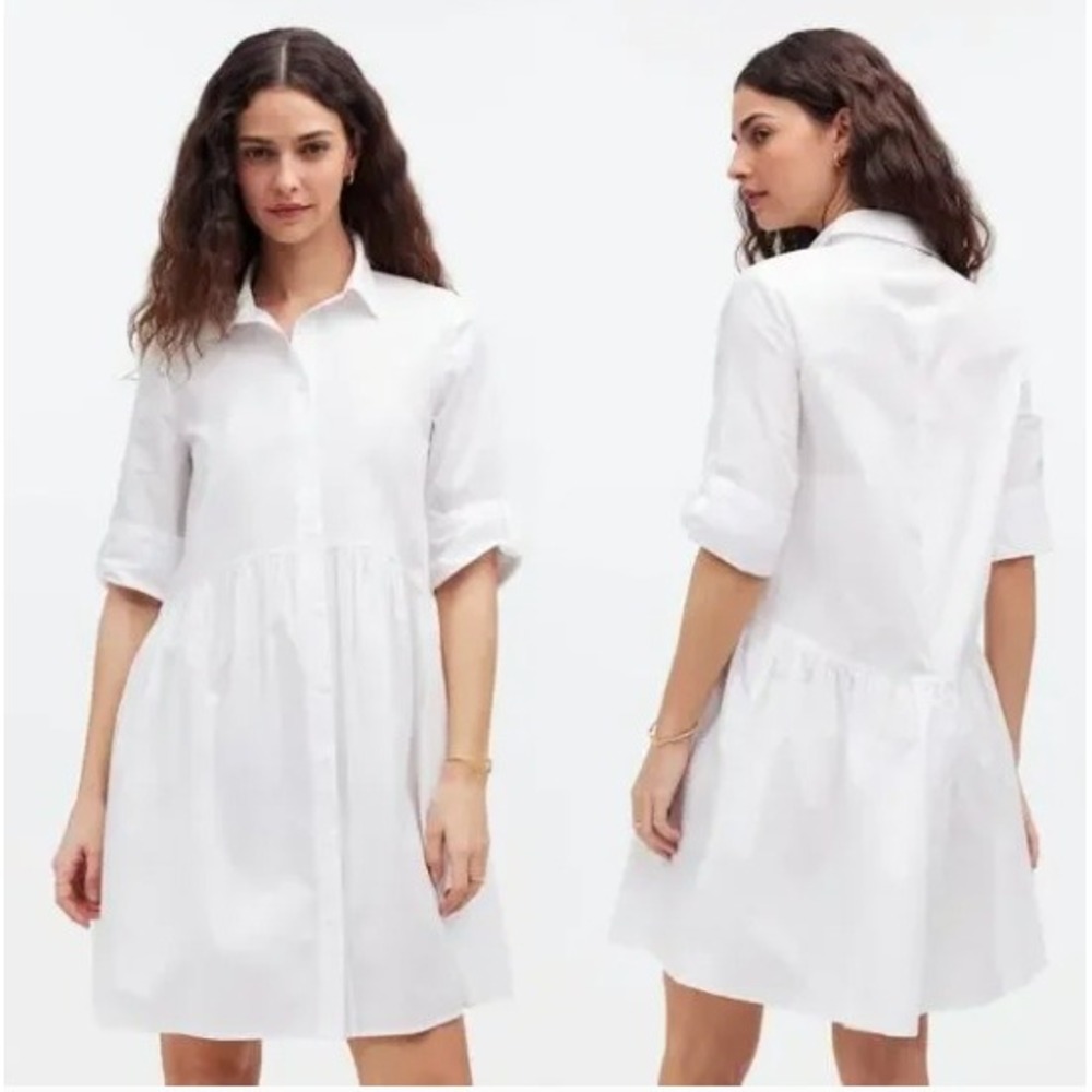 Madewell White Poplin Mini Shirt Dress Drop Waist Roll Tab Sleeve XXS NS126 NEW